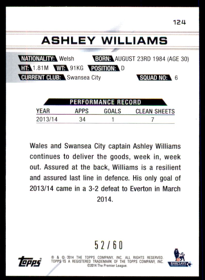 2014-15 Topps English Premier League Gold Green #124 Ashley Williams back image