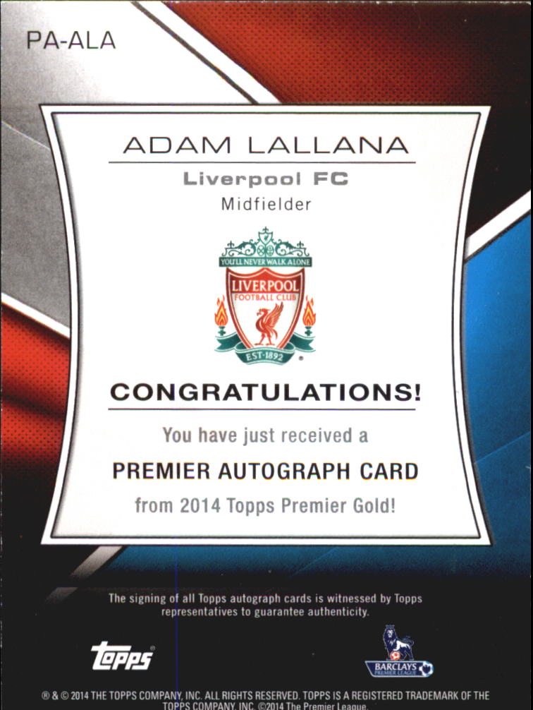 2014-15 Topps English Premier League Gold Premier Autographs #PAALA Adam Lallana back image