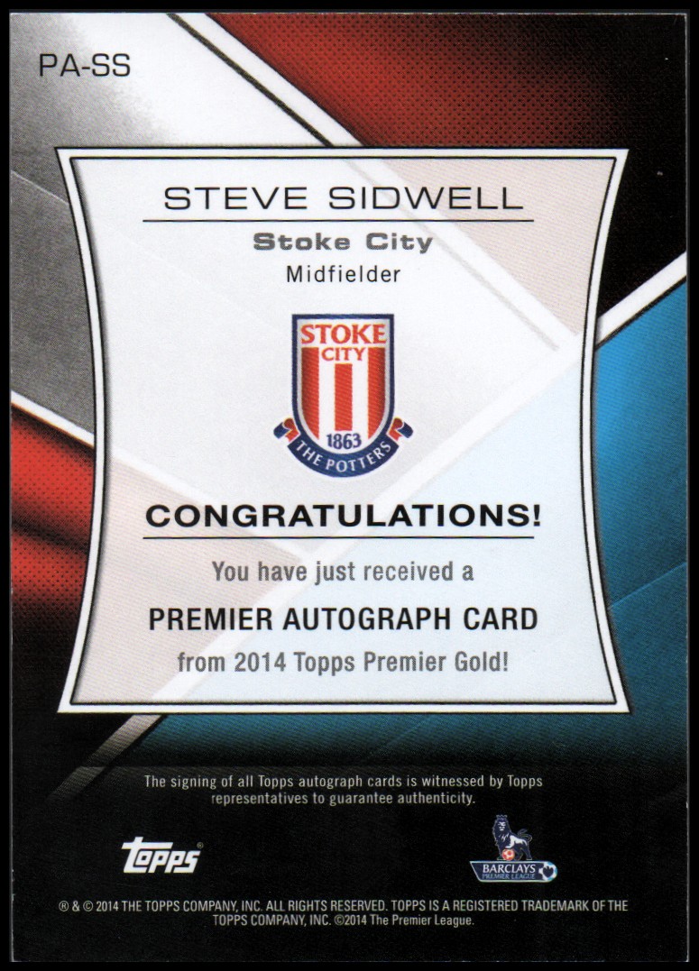 2014-15 Topps English Premier League Gold Premier Autographs #PASS Steve Sidwell back image