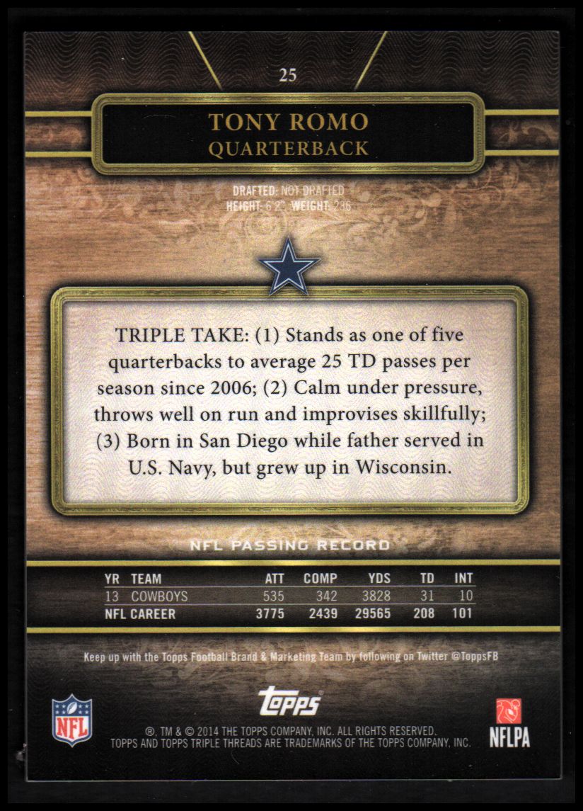 2014 Topps Triple Threads Emerald #25 Tony Romo back image