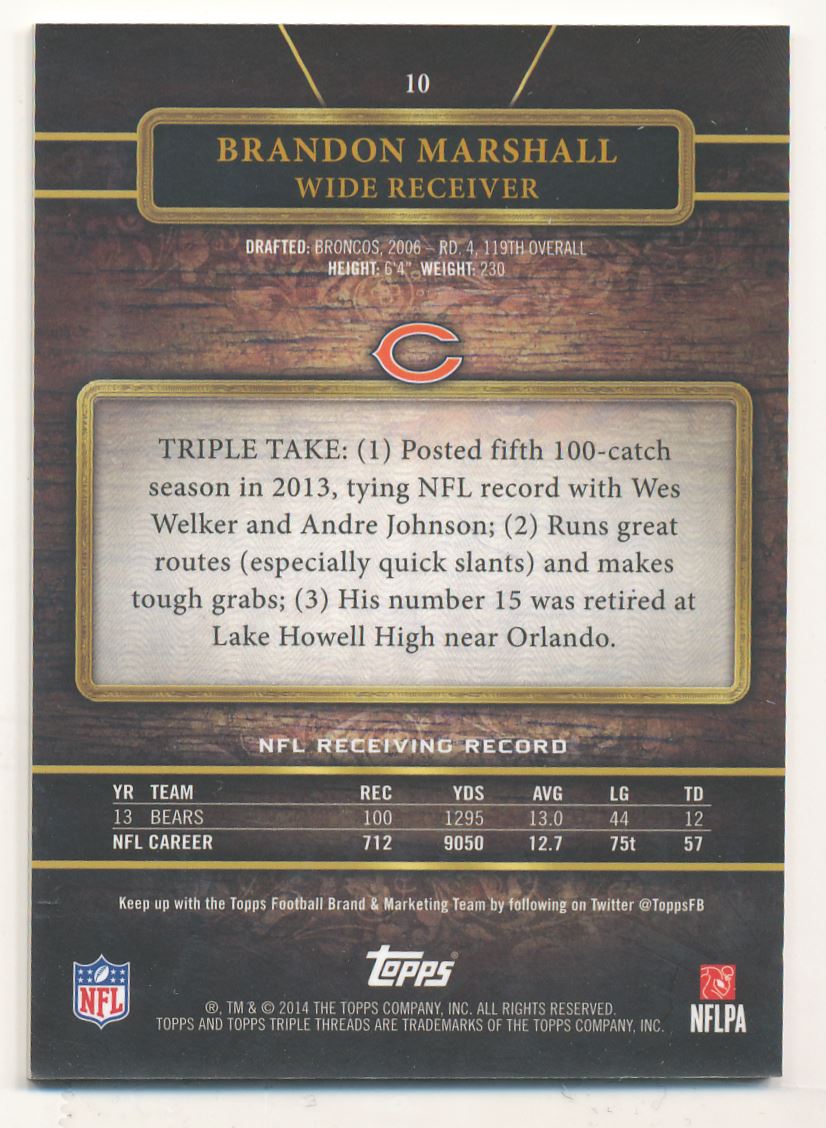 2014 Topps Triple Threads Ruby #10 Brandon Marshall back image