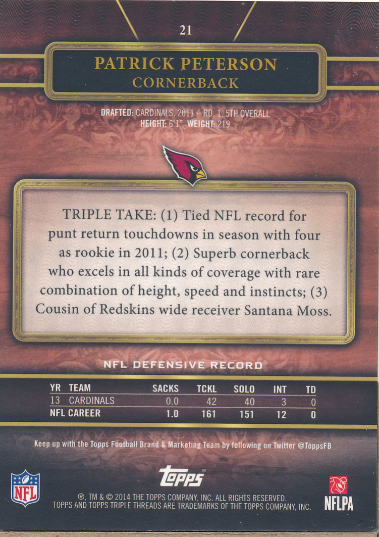 2014 Topps Triple Threads Ruby #21 Patrick Peterson back image