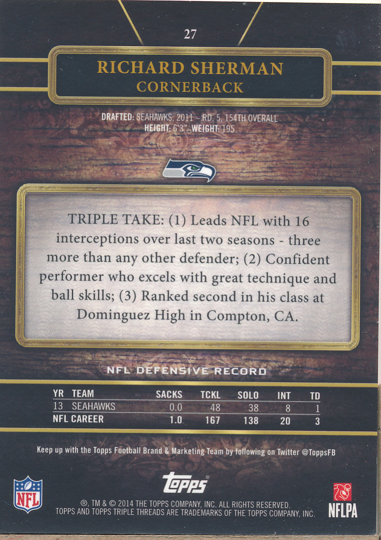 2014 Topps Triple Threads Ruby #27 Richard Sherman back image
