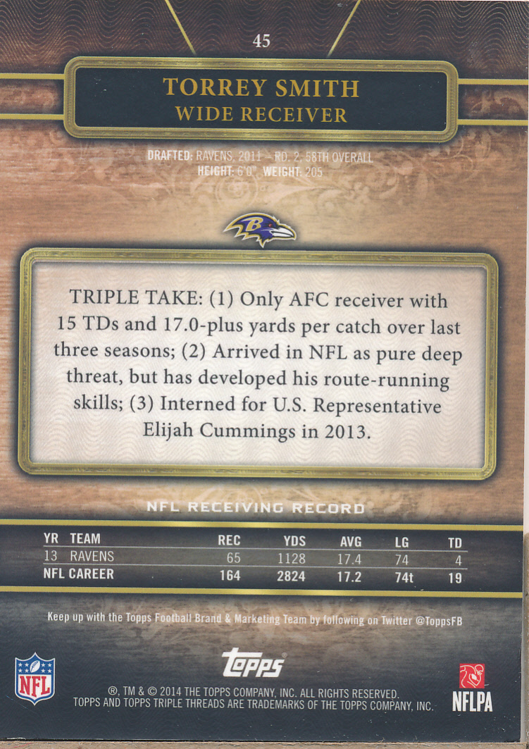 2014 Topps Triple Threads Ruby #45 Torrey Smith back image