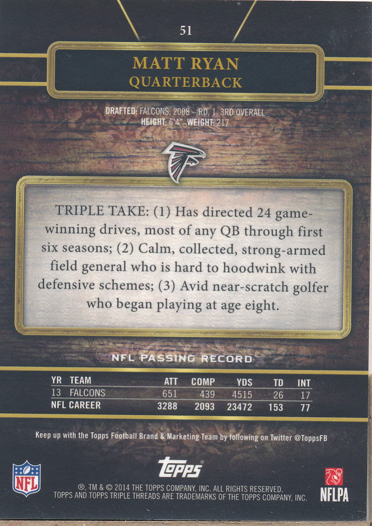 2014 Topps Triple Threads Ruby #51 Matt Ryan back image