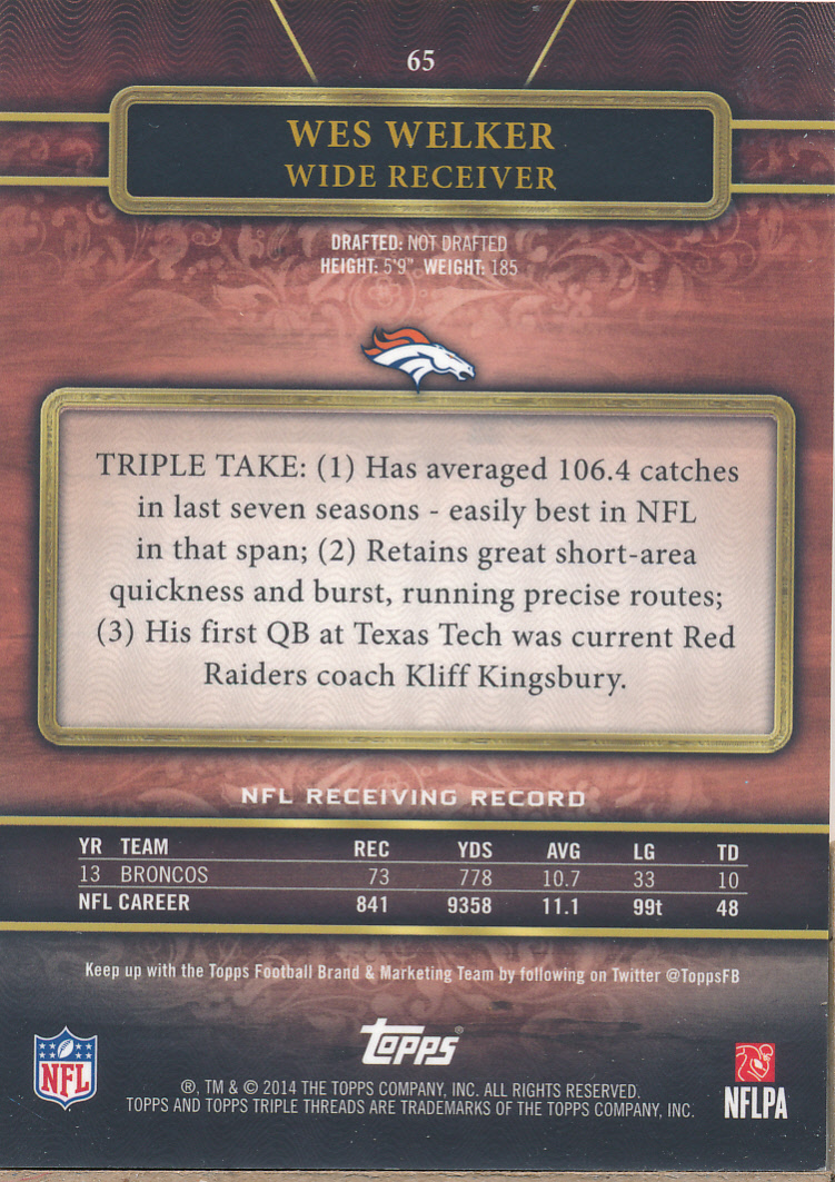2014 Topps Triple Threads Ruby #65 Wes Welker back image