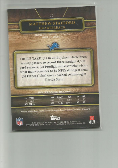 2014 Topps Triple Threads Ruby #70 Matthew Stafford back image