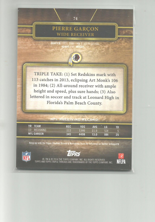 2014 Topps Triple Threads Ruby #74 Pierre Garcon back image