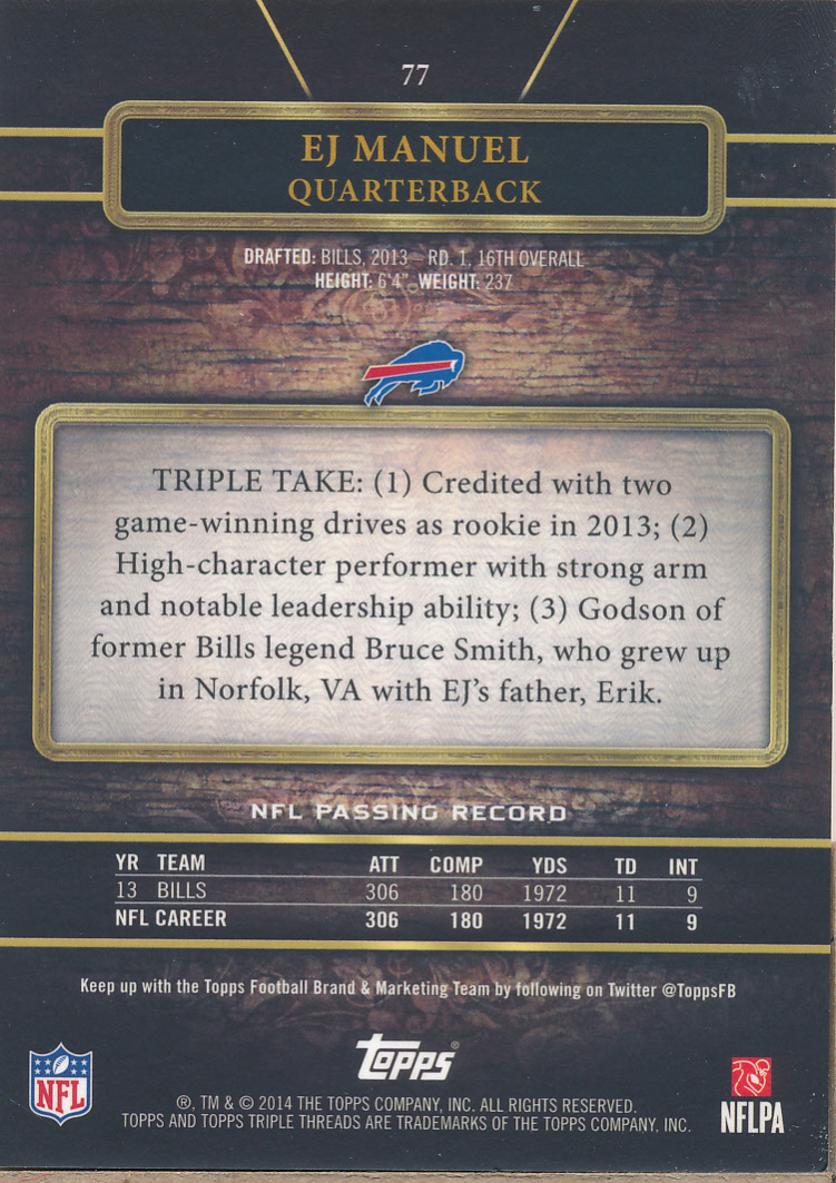 2014 Topps Triple Threads Ruby #77 EJ Manuel back image