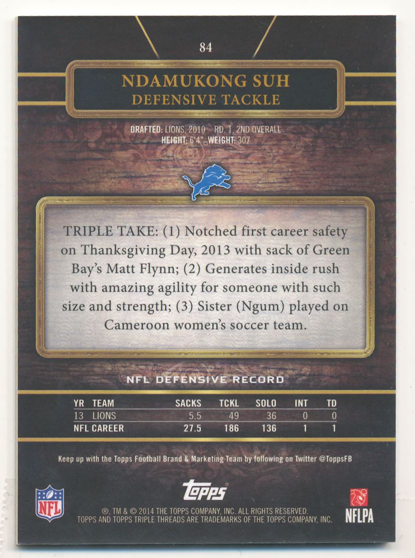 2014 Topps Triple Threads Ruby #84 Ndamukong Suh back image