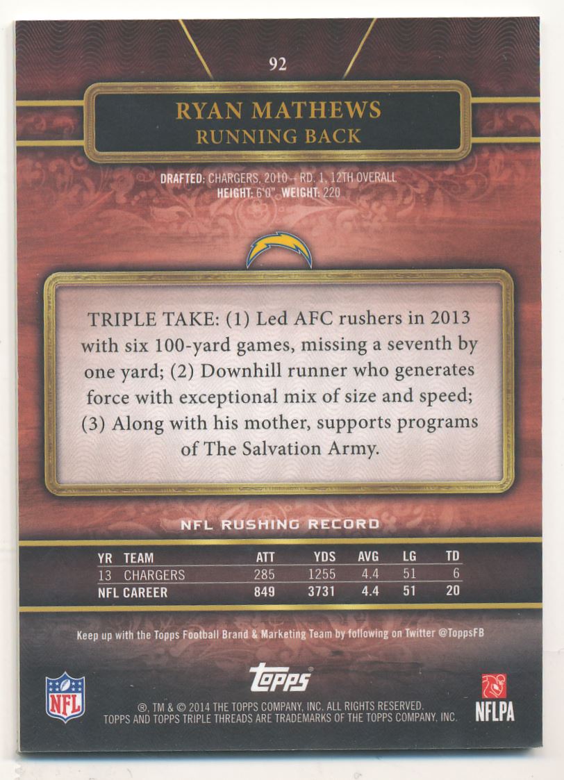 2014 Topps Triple Threads Ruby #92 Ryan Mathews back image