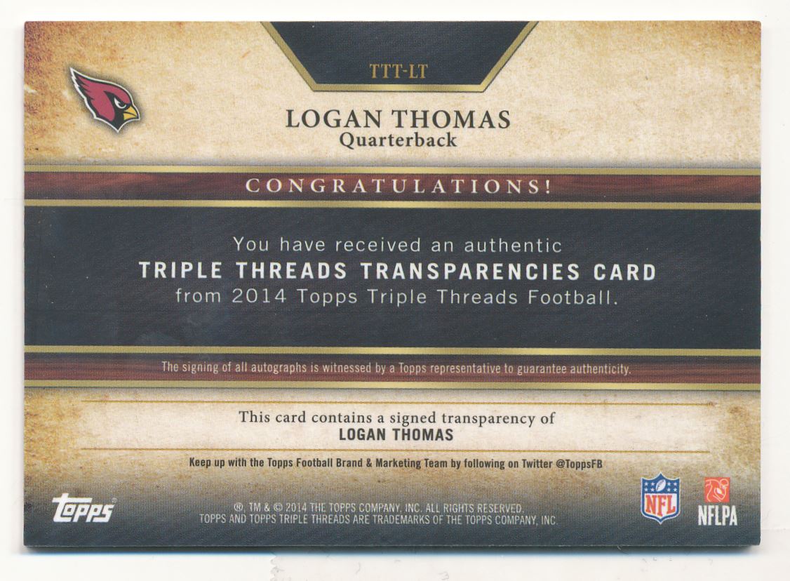 2014 Topps Triple Threads Transparencies Autographs Emerald #TTTLT Logan Thomas back image