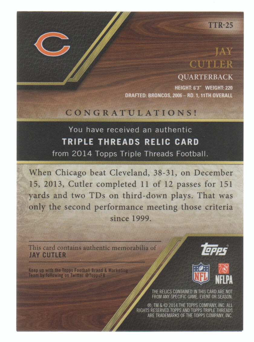 2014 Topps Triple Threads Relics Emerald #TTR25 Jay Cutler back image