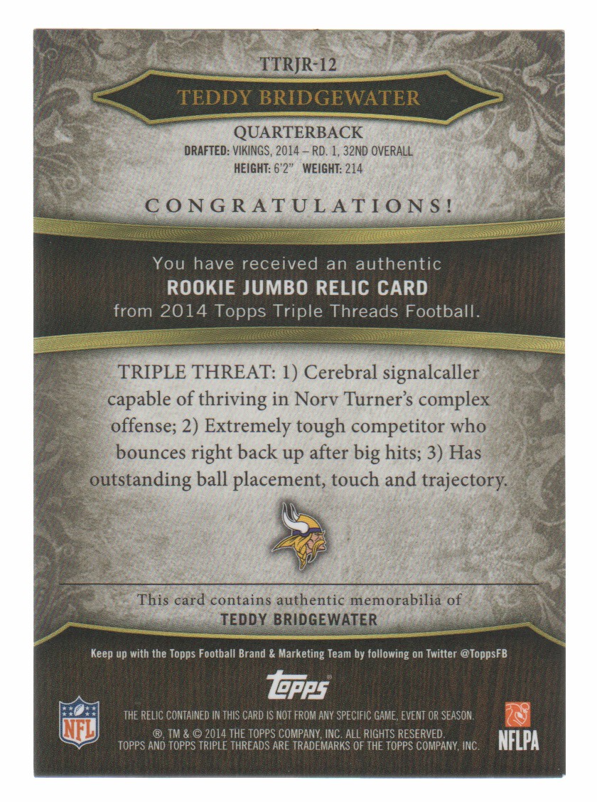 2014 Topps Triple Threads Rookie Jumbo Relics Sapphire #TTRJR12 Teddy Bridgewater back image