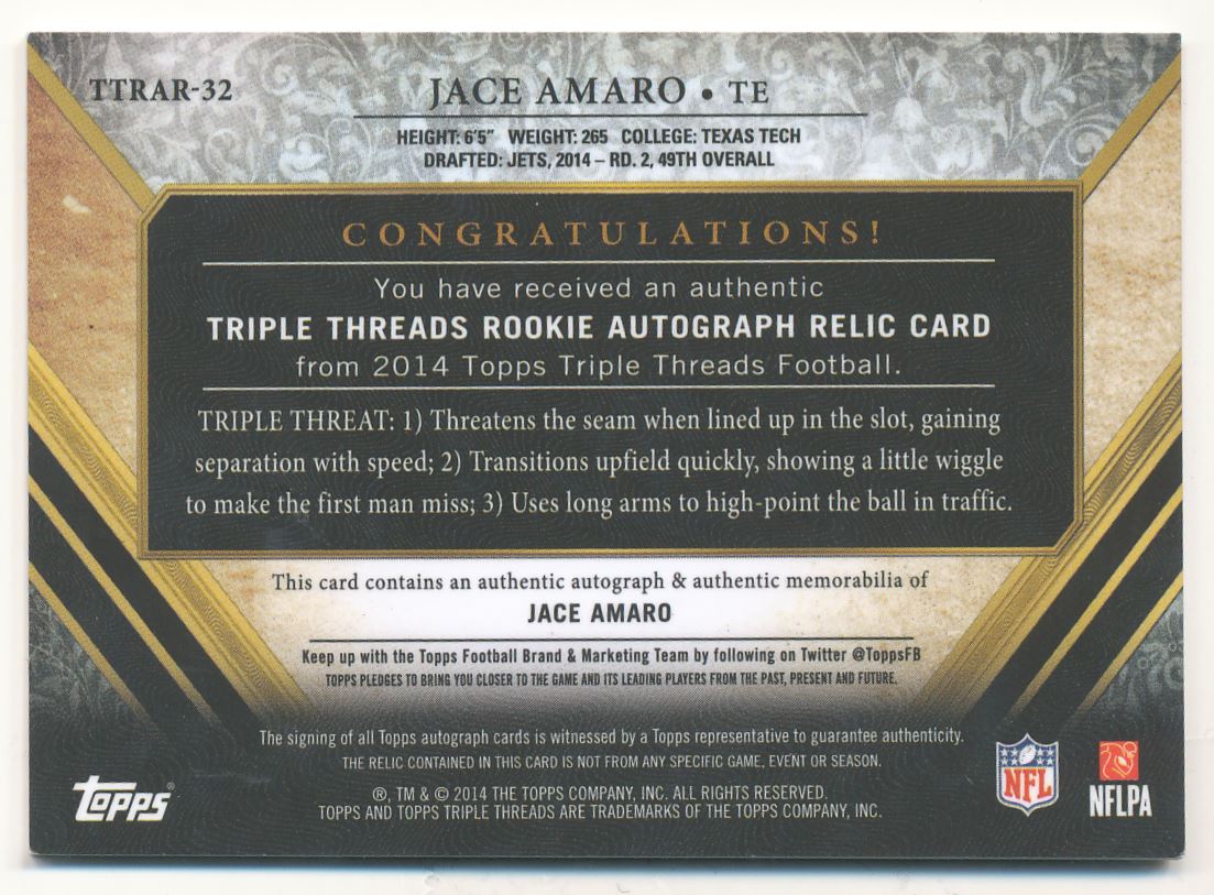 2014 Topps Triple Threads Rookie Autograph Relics Emerald #TTRAR32 Jace Amaro