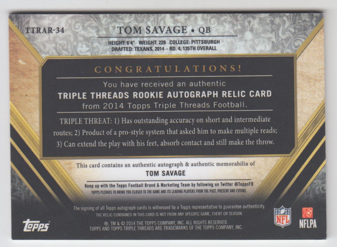 2014 Topps Triple Threads Rookie Autograph Relics Gold #TTRAR34 Tom Savage back image