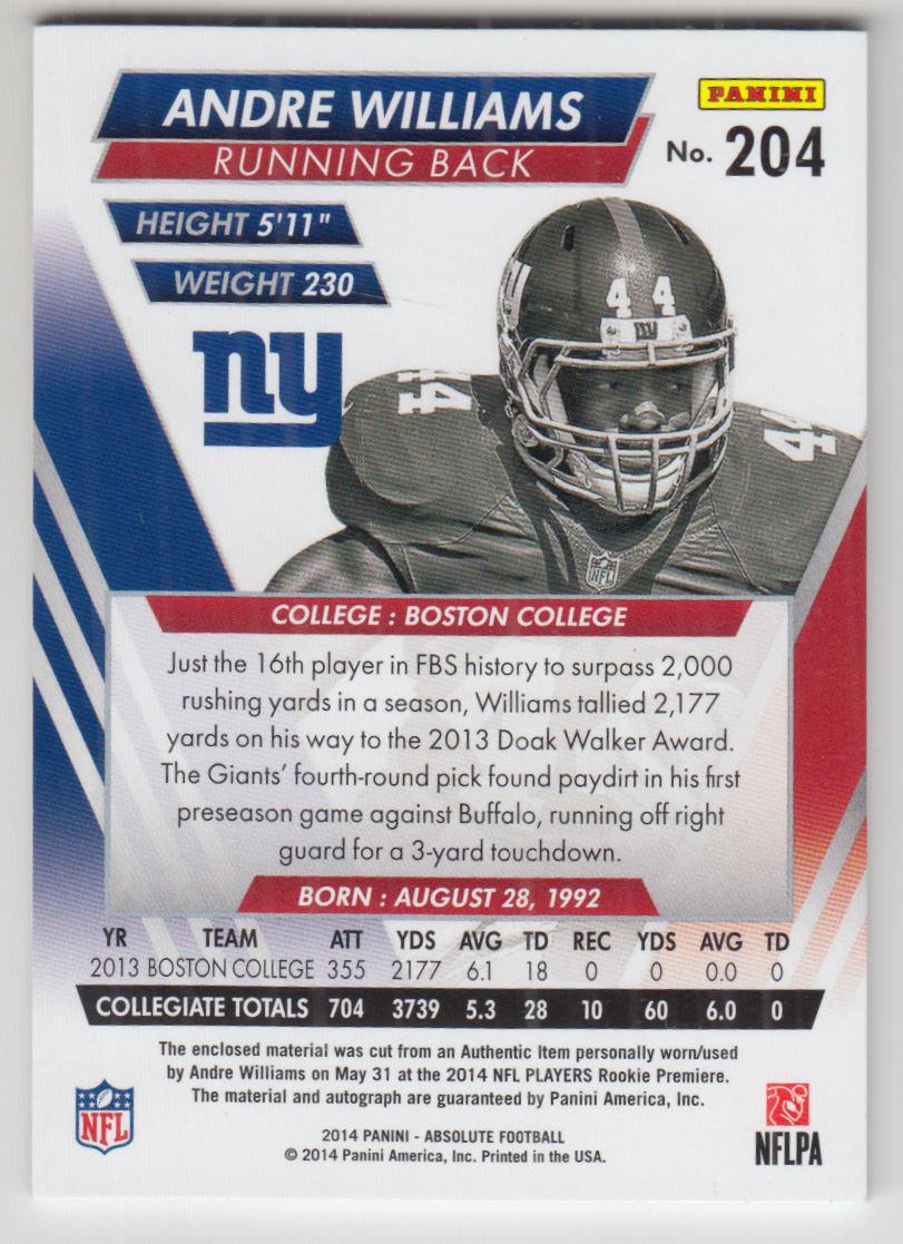 2014 Absolute #204 Andre Williams JSY AU/99 RC back image