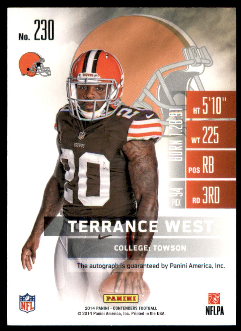 2014 Panini Contenders Playoff Ticket #230A Terrance West AU/99 back image