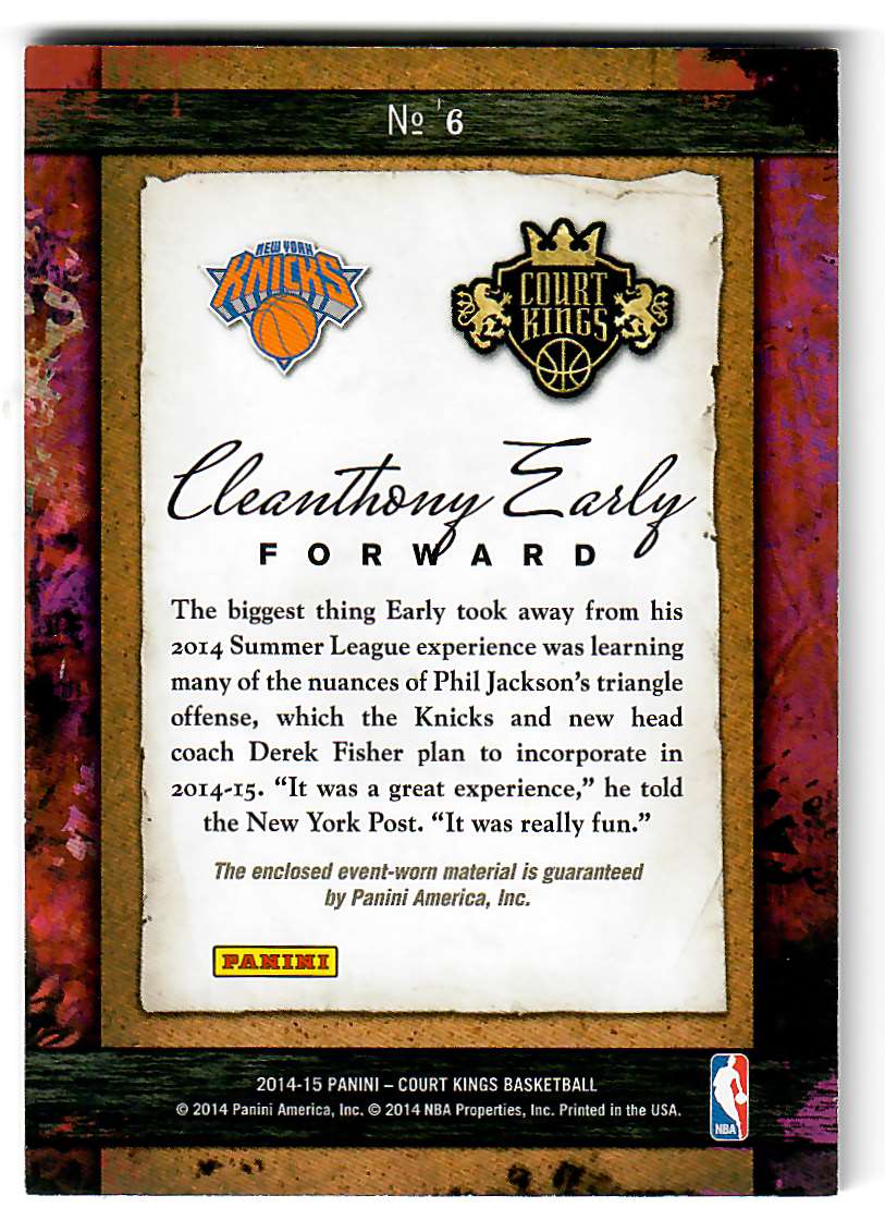 2014-15 Court Kings Remarkable Rookies Memorabilia #6 Cleanthony Early back image