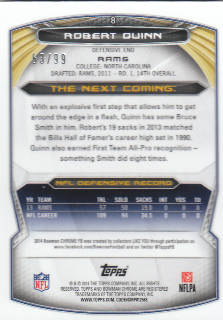 2014 Bowman Chrome Bubbles Refractors #8 Robert Quinn back image