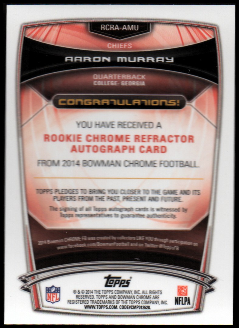 2014 Bowman Chrome Rookie Autographs Refractors #RCRAAMU Aaron Murray back image