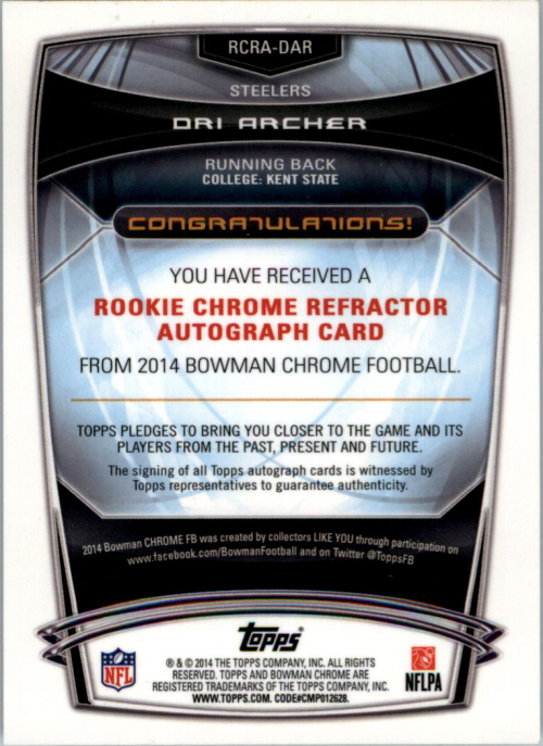 2014 Bowman Chrome Rookie Autographs Refractors #RCRADAR Dri Archer back image