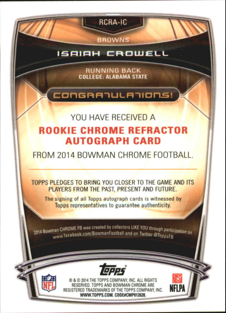 2014 Bowman Chrome Rookie Autographs Refractors #RCRAIC Isaiah Crowell back image