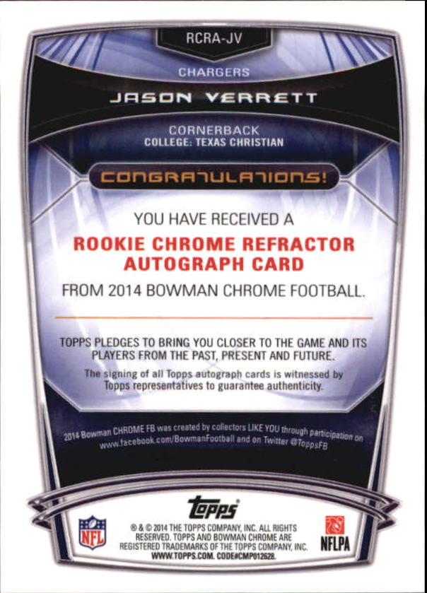 2014 Bowman Chrome Rookie Autographs Refractors #RCRAJV Jason Verrett back image