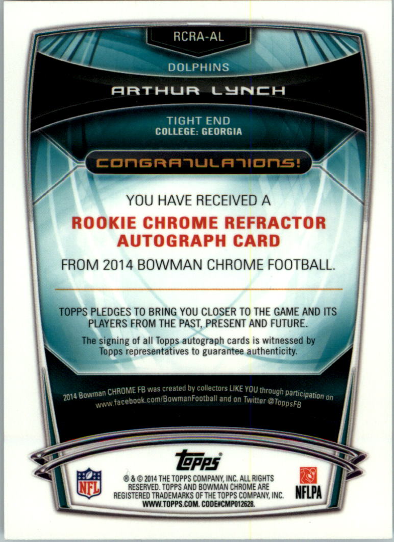 2014 Bowman Chrome Rookie Autographs Blue Refractors #RCRAAL Arthur Lynch back image