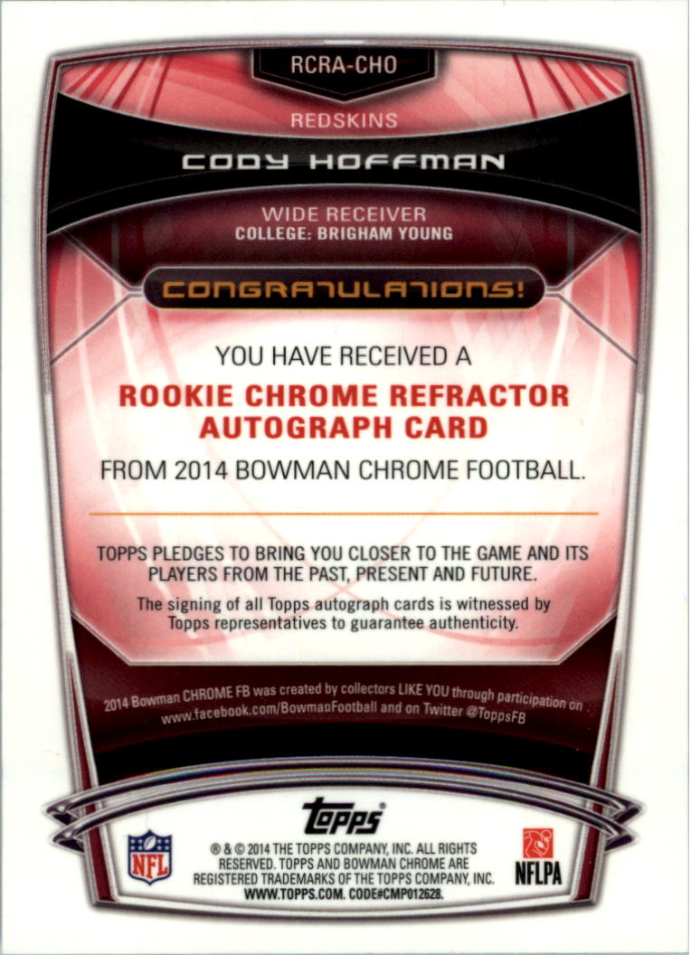 2014 Bowman Chrome Rookie Autographs Blue Refractors #RCRACHO Cody Hoffman back image