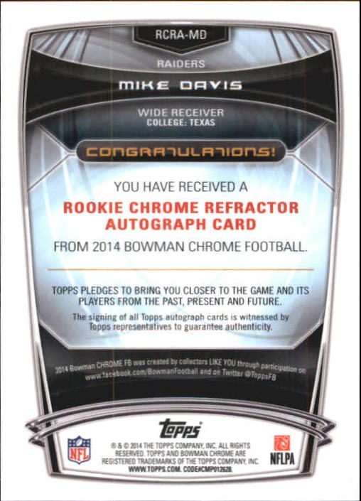 2014 Bowman Chrome Rookie Autographs Blue Refractors #RCRAMD Mike Davis back image