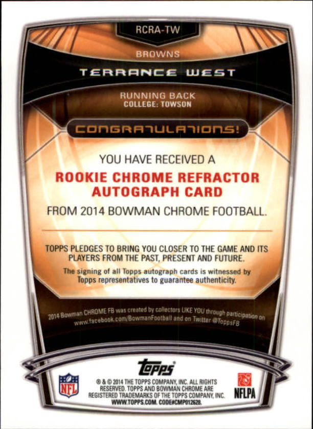 2014 Bowman Chrome Rookie Autographs Blue Refractors #RCRATW Terrance West back image