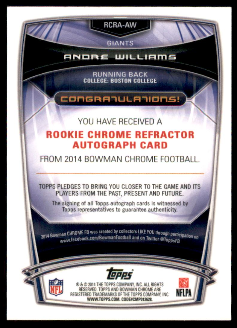 2014 Bowman Chrome Rookie Autographs Bubbles Refractors #RCRAAW Andre Williams back image