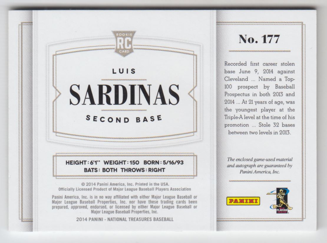 2014 Panini National Treasures Rookie Material Signatures Purple #177 Luis Sardinas back image