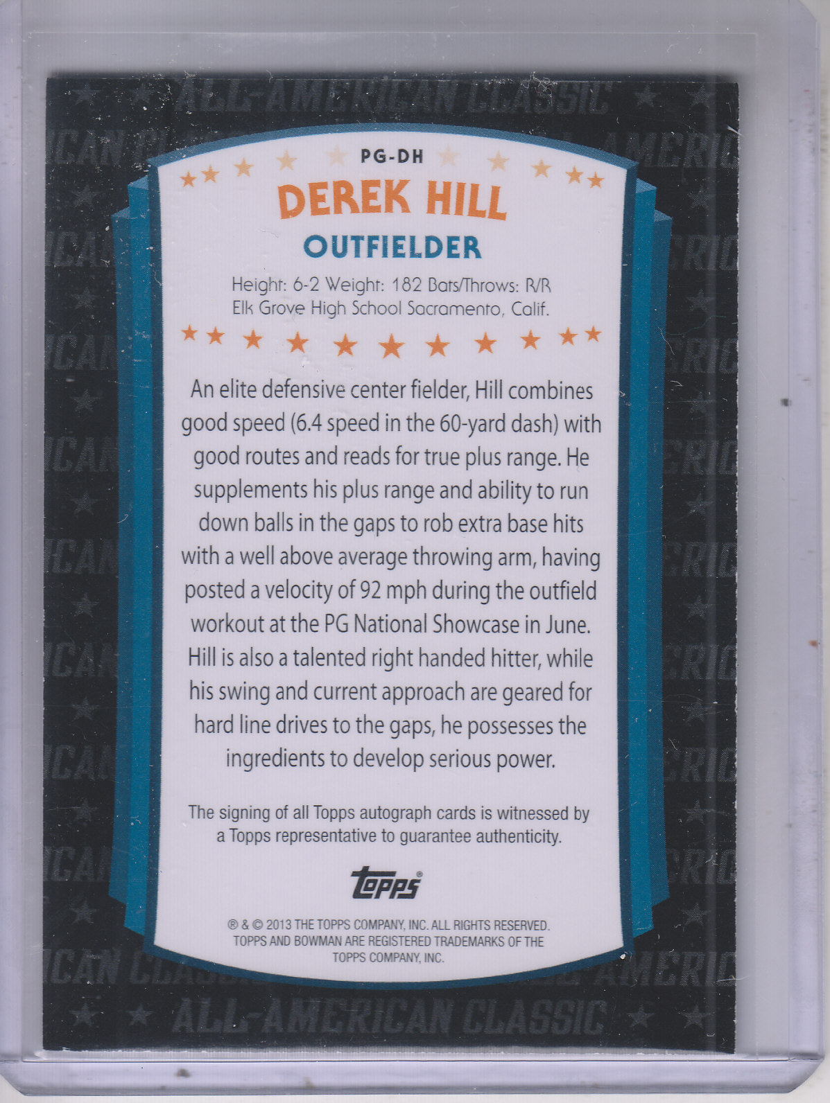 2013 Bowman Perfect Game All-American Classic Autographs #PGDH Derek Hill/199/Issued in 14 Bowman Draft back image