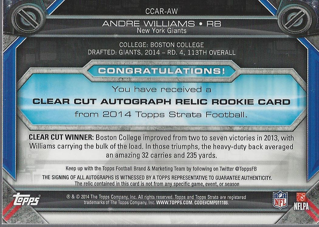 2014 Topps Strata Clear Cut Rookie Relic Autographs #CCARAW Andre Williams back image