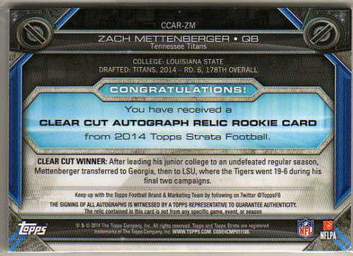 2014 Topps Strata Clear Cut Rookie Relic Autographs Bronze #CCARZM Zach Mettenberger back image