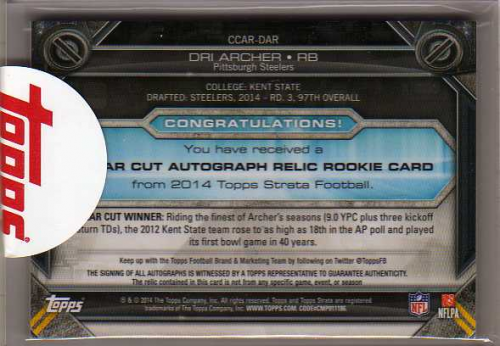 2014 Topps Strata Clear Cut Rookie Relic Autographs Topaz #CCARDAR Dri Archer EXCH back image