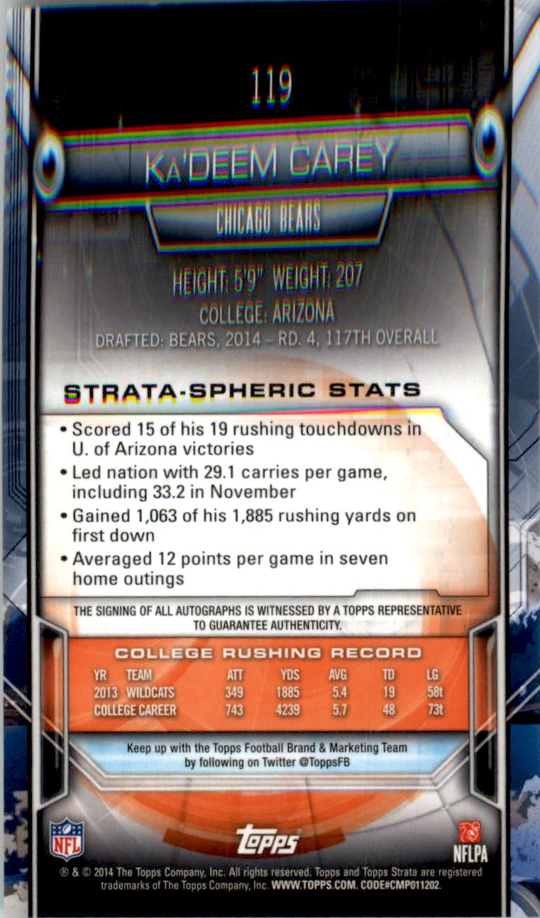 2014 Topps Strata Autographs Ruby #119 Ka'Deem Carey back image