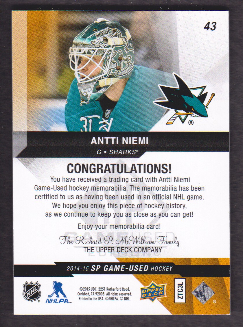 2014-15 SP Game Used Gold Jerseys #43 Antti Niemi E back image