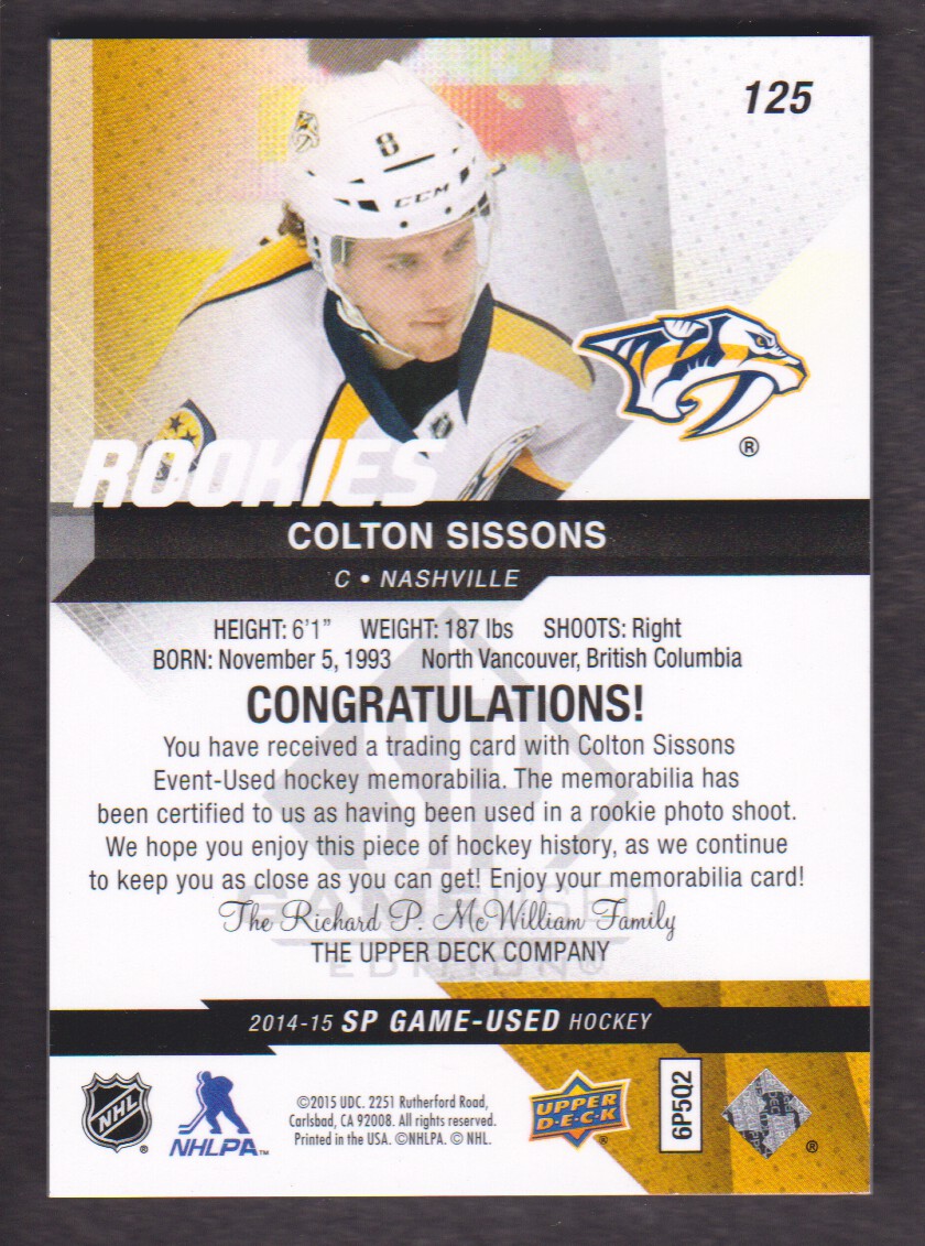 2014-15 SP Game Used Gold Jerseys #125 Colton Sissons back image