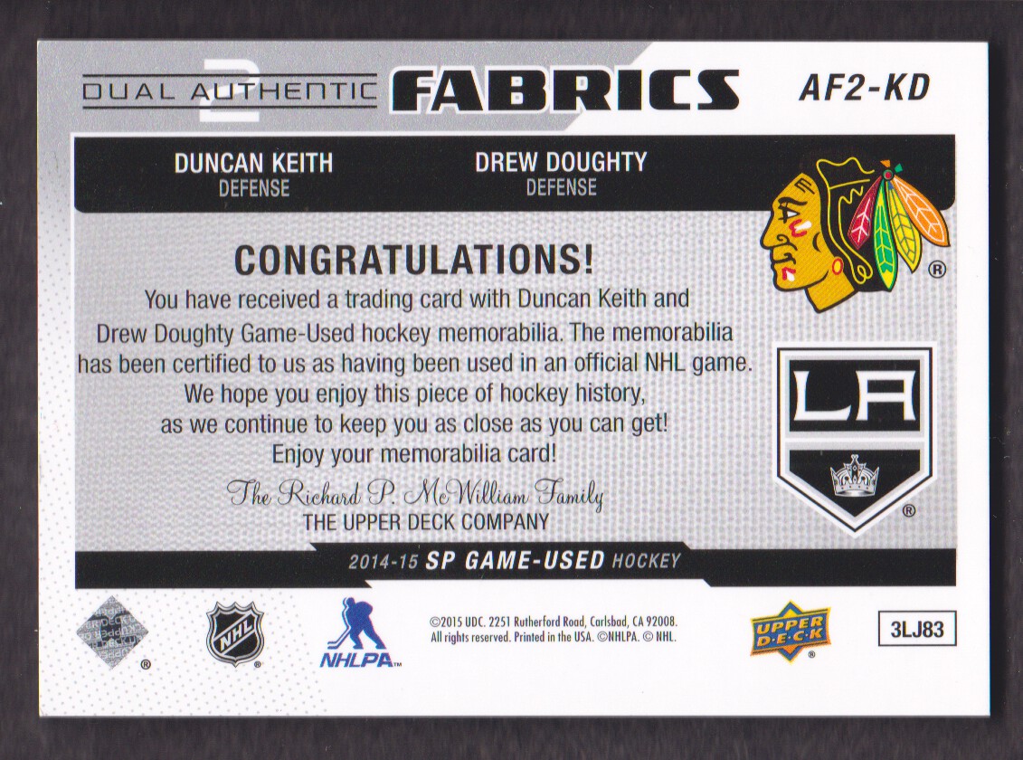 2014-15 SP Game Used Authentic Fabrics Dual #AF2KD Duncan Keith/Drew Doughty B back image