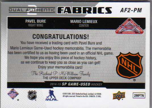 2014-15 SP Game Used Authentic Fabrics Dual #AF2PM Pavel Bure/Mario Lemieux C back image