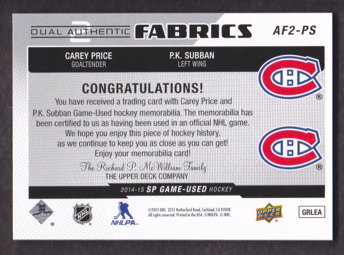 2014-15 SP Game Used Authentic Fabrics Dual #AF2PS Carey Price/P.K. Subban C back image