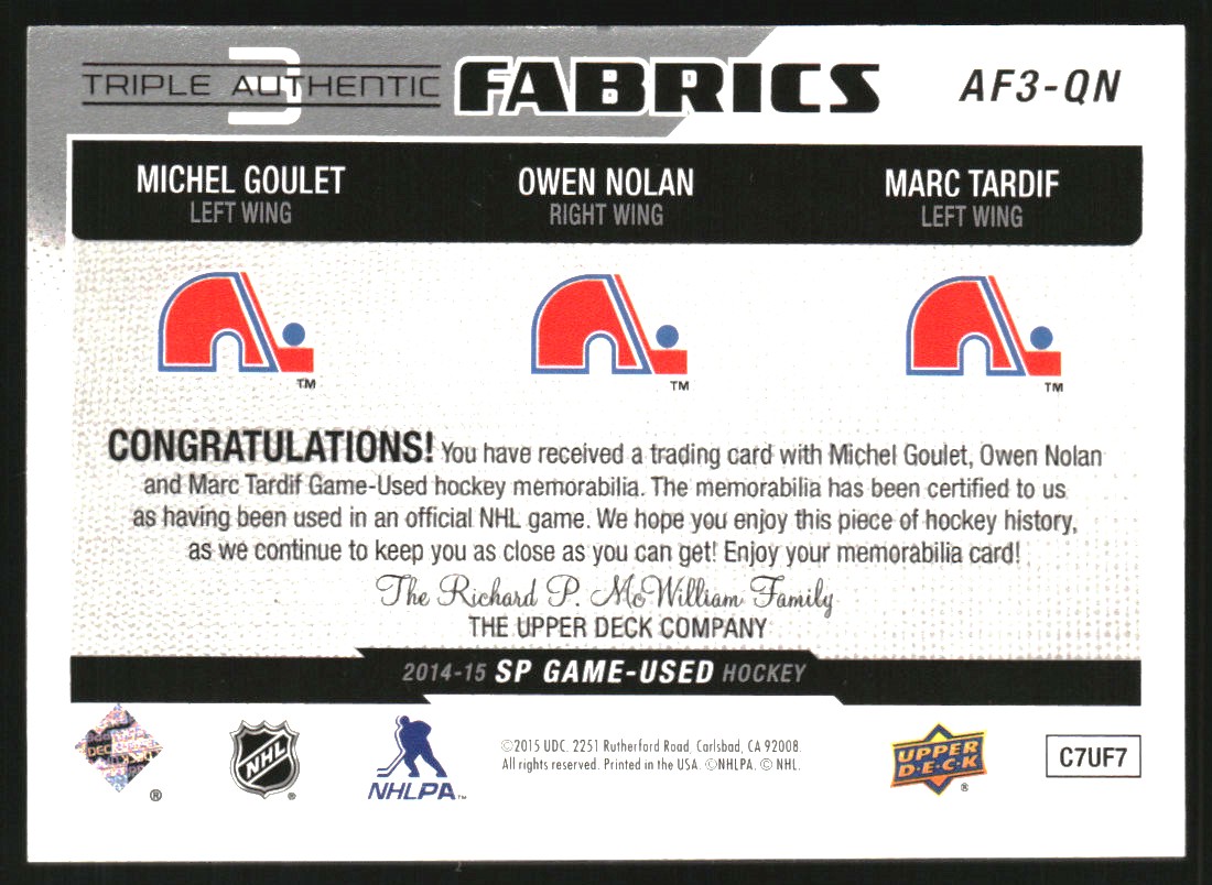 2014-15 SP Game Used Authentic Fabrics Triples #AF3QN Michel Goulet/Owen Nolan/Marc Tardif C