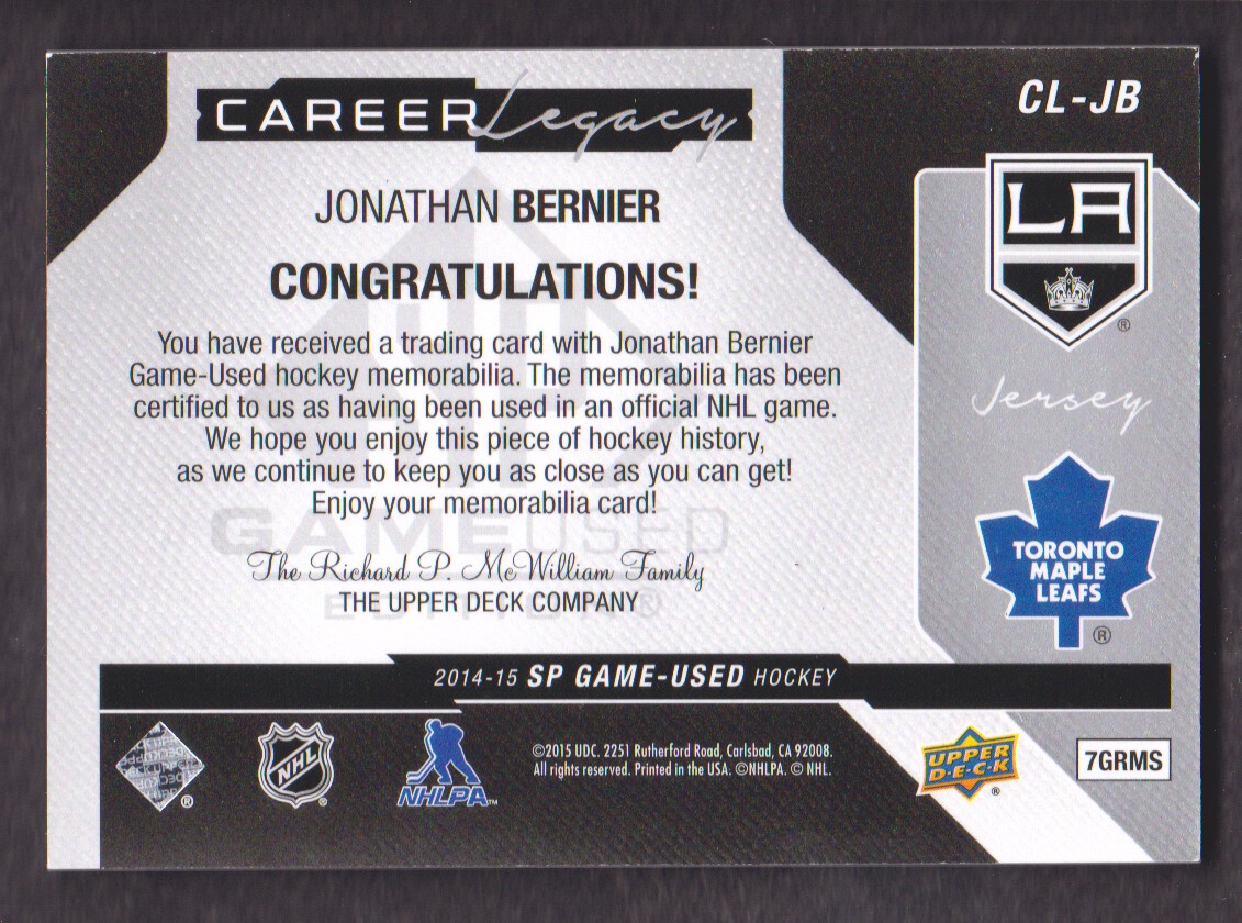 2014-15 SP Game Used Career Legacy Jerseys #CLJB Jonathan Bernier D back image