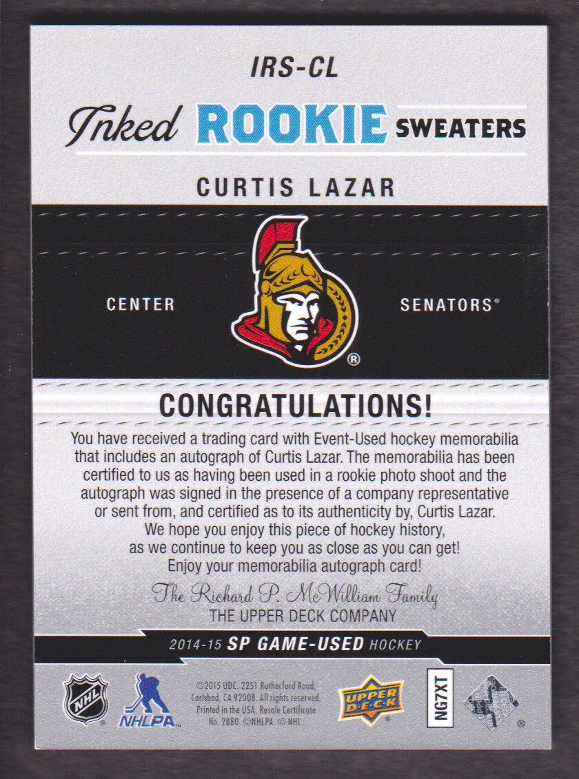 2014-15 SP Game Used Inked Rookie Sweaters #IRSCL Curtis Lazar back image