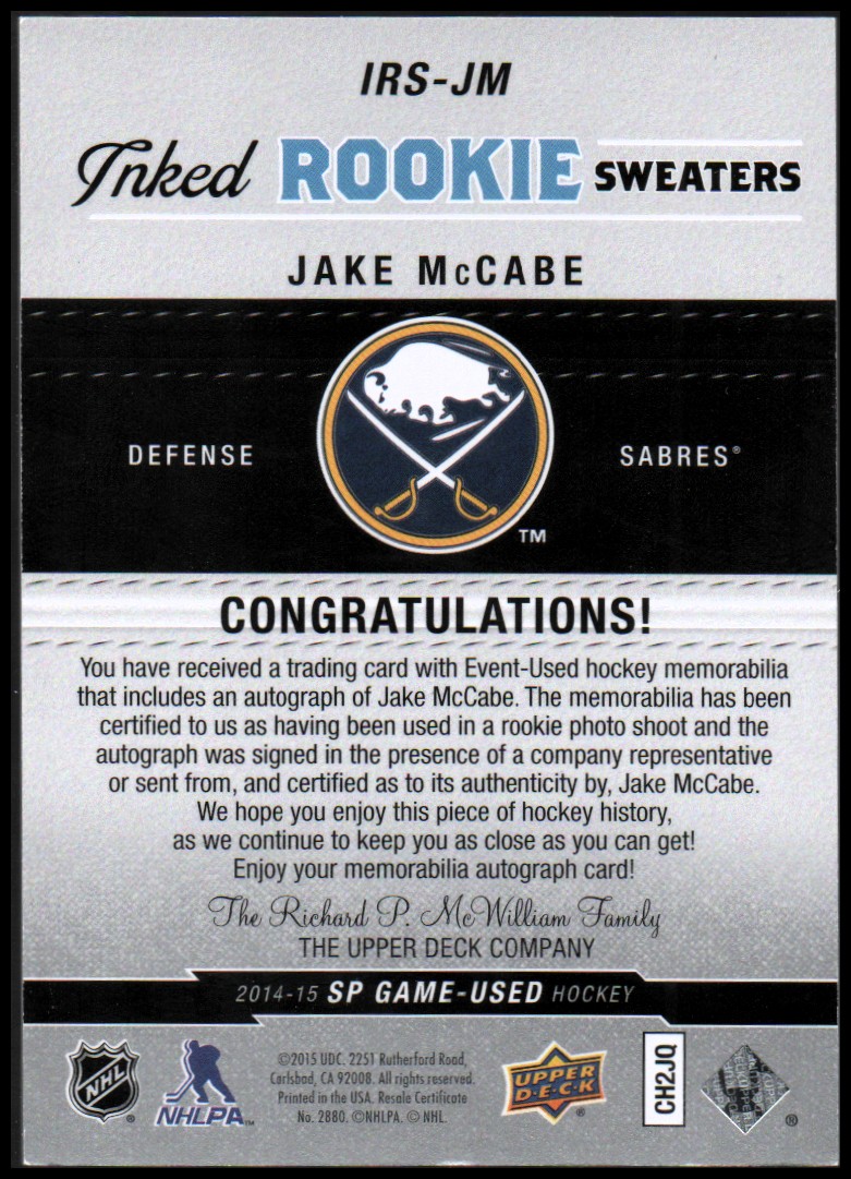 2014-15 SP Game Used Inked Rookie Sweaters #IRSJM Jake McCabe back image