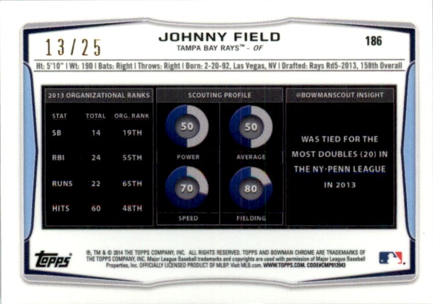 2014 Bowman Chrome Mini Factory Set Yellow Refractors #186 Johnny Field back image