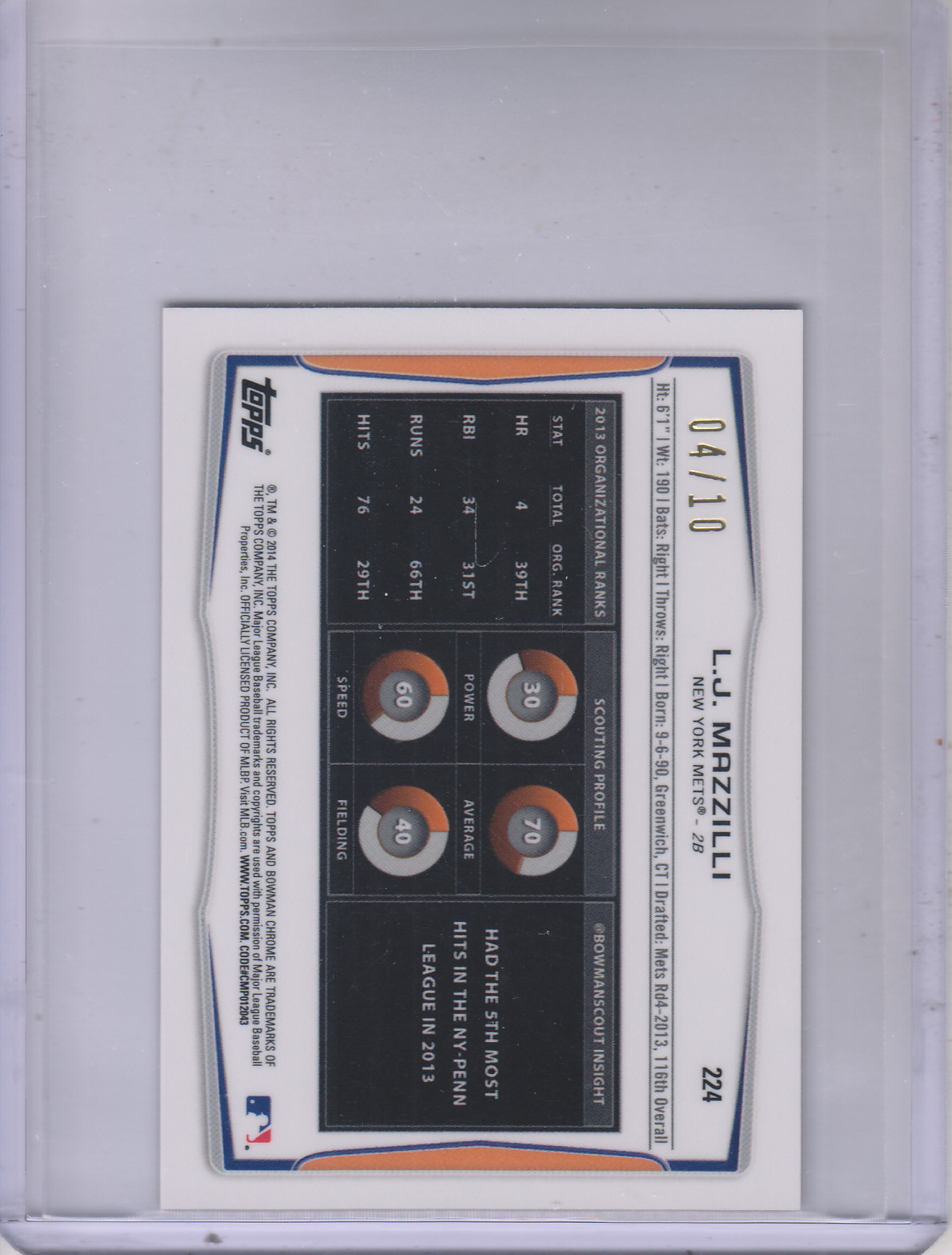 2014 Bowman Chrome Mini Factory Set Orange Refractors #224 L.J. Mazzilli back image